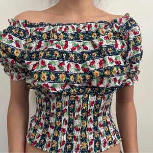 Pinup Couture Navy, White & Red Cherry Floral Off-Shoulder Crop Top